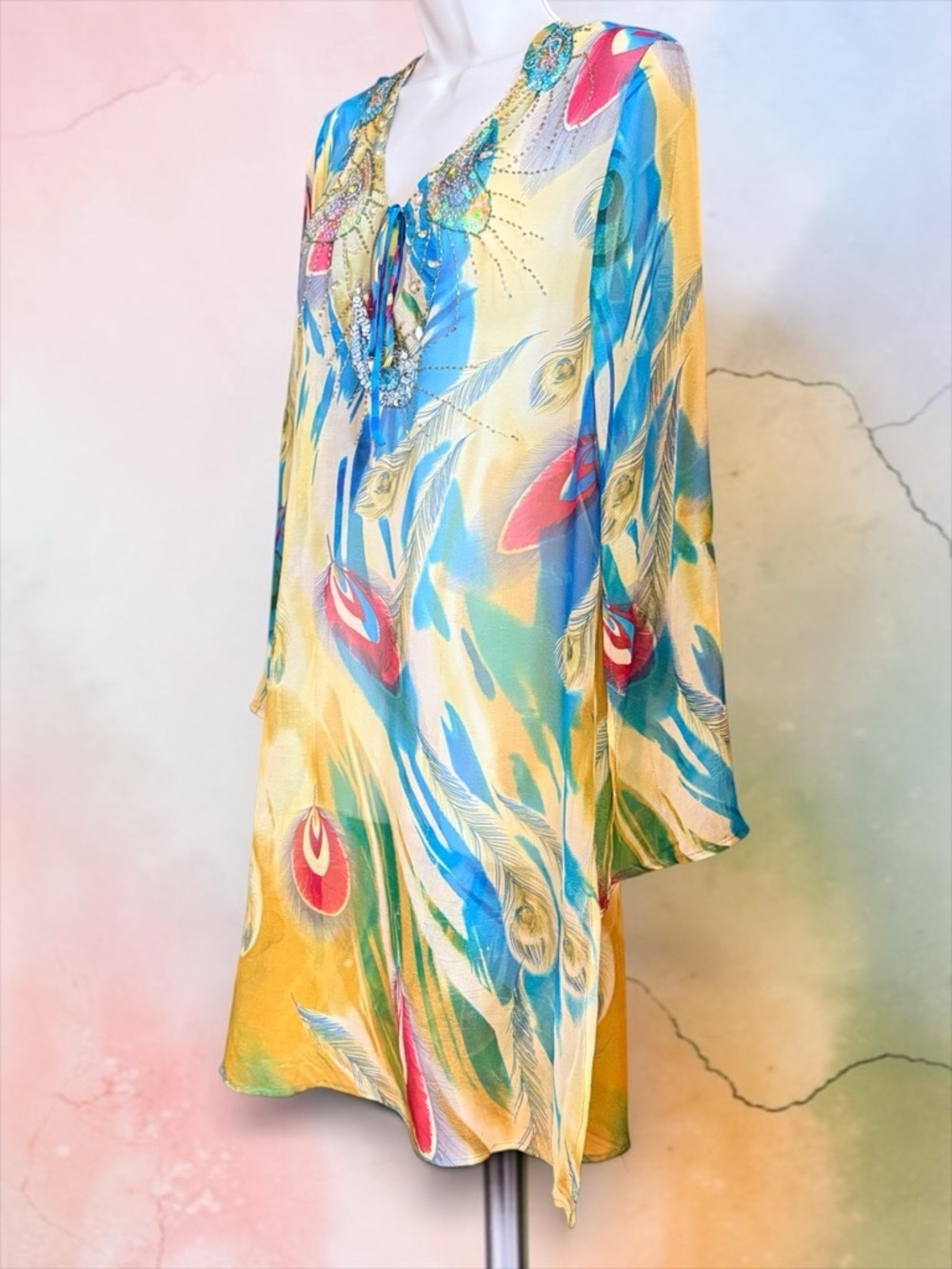 Vintage Anis A 100% Silk Tunic Dress L Beaded Feather Print Boho Resort Luxe - Picture 3 of 14